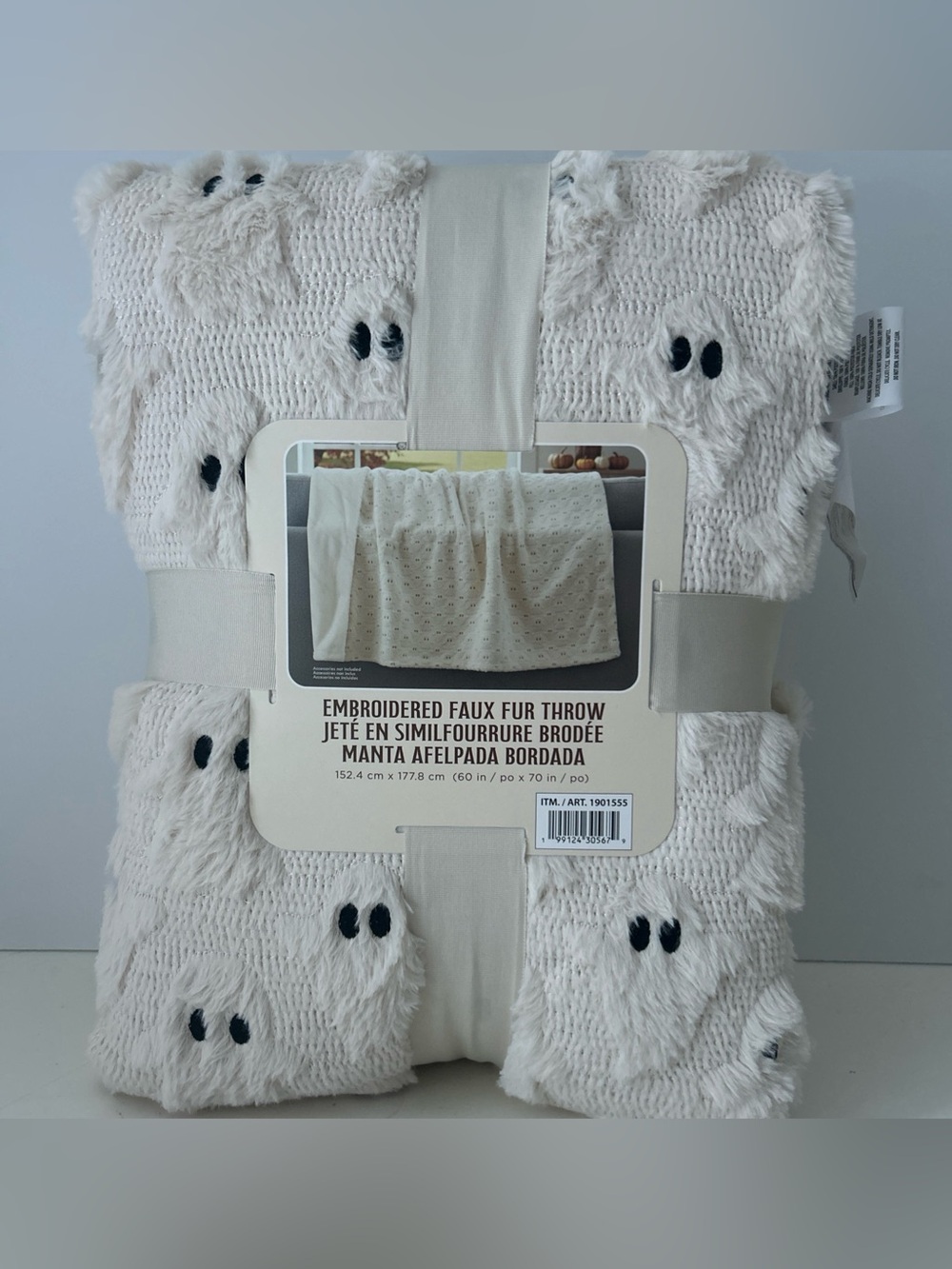 VIRAL COSTCO Halloween Throw Blanket Embroidered Faux Fur Off-White Soft & Cozy